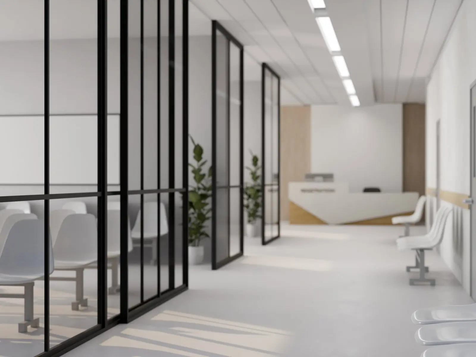 Couloir de cabinet médical moderne avec cloisons vitrées noires, chaises blanches et comptoir d'accueil lumineux.