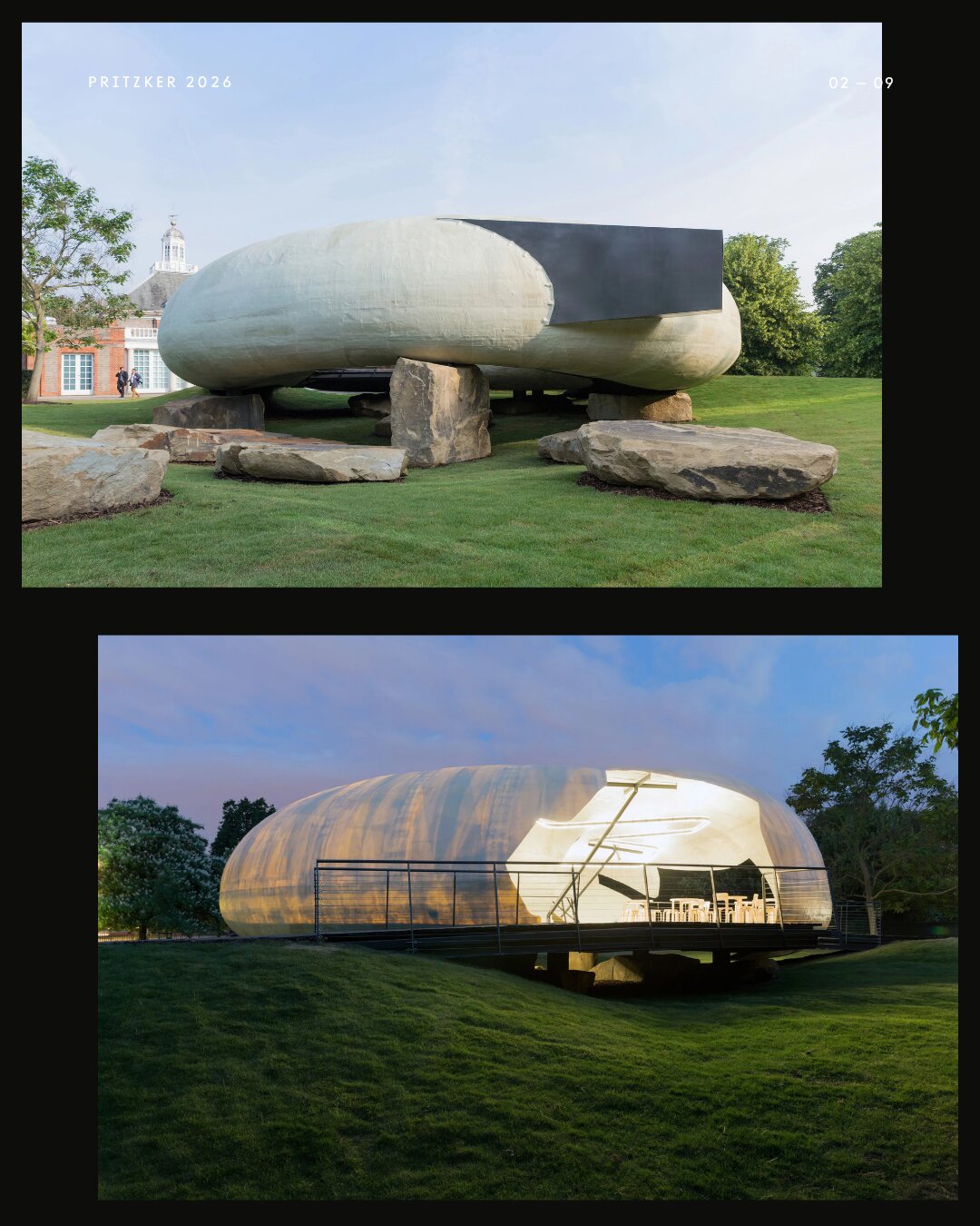 Diptyque du Serpentine Pavilion 2014 : vue extérieure de la coque translucide et détail des appuis en pierre