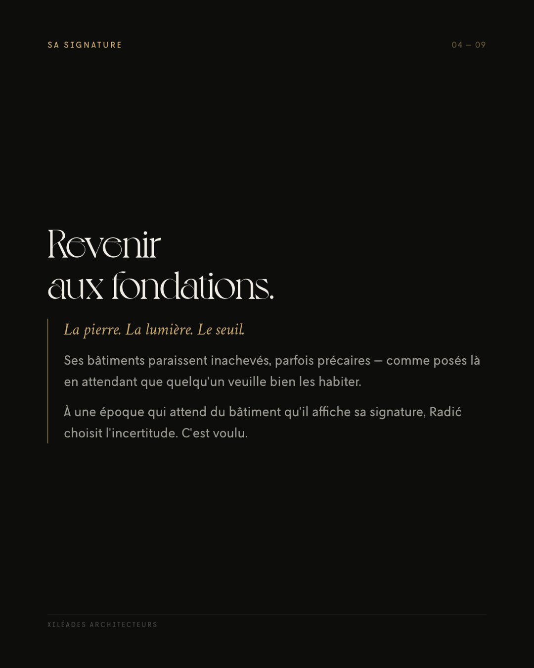 Composition graphique évoquant la pierre, la lumière et le seuil, signatures matérielles de Radić