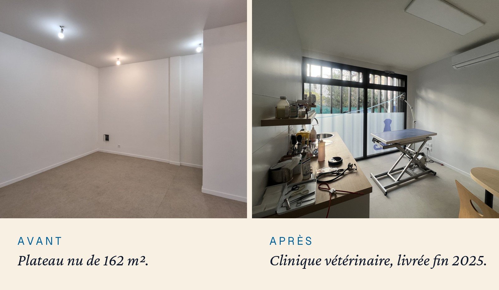 Colombes (92), avant et après : un plateau nu de 162 m² devenu clinique vétérinaire, livrée fin 2025.