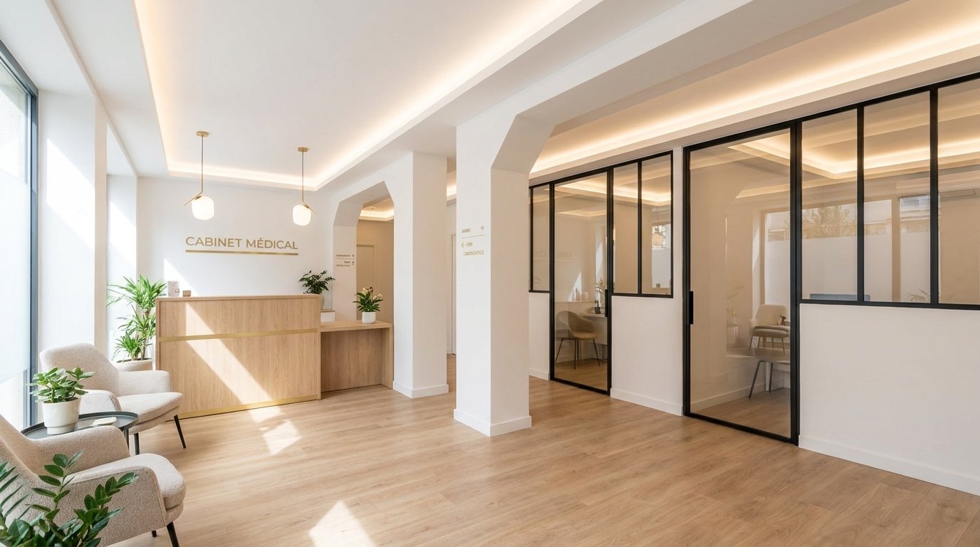 Accueil lumineux d'un cabinet médical avec banque en bois, verrières métalliques noires et parquet clair.