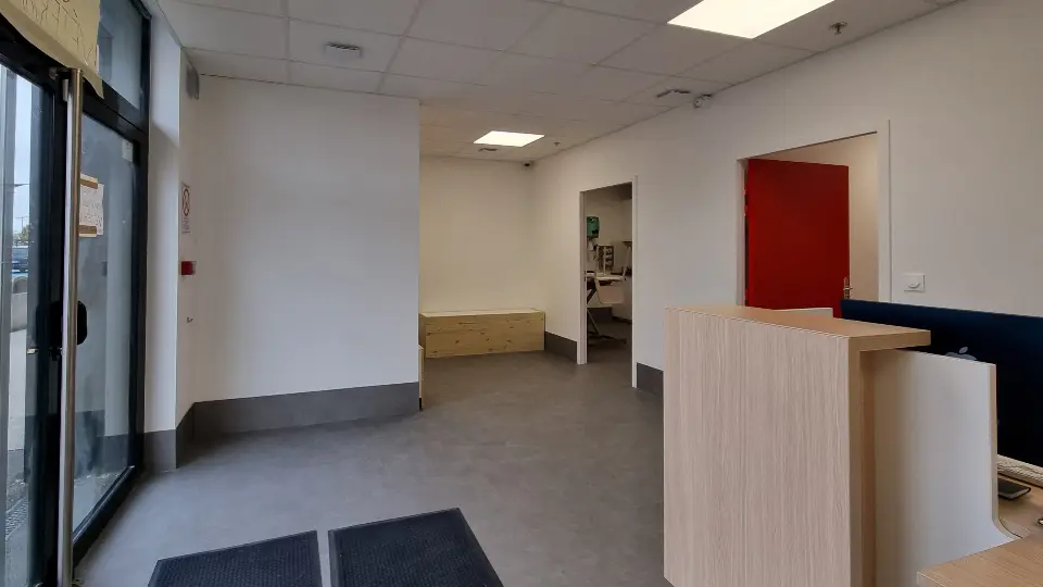 Vue du hall d'entrée d'une clinique vétérinaire modernisée, avec comptoir d'accueil en bois clair et une porte rouge distinctive.