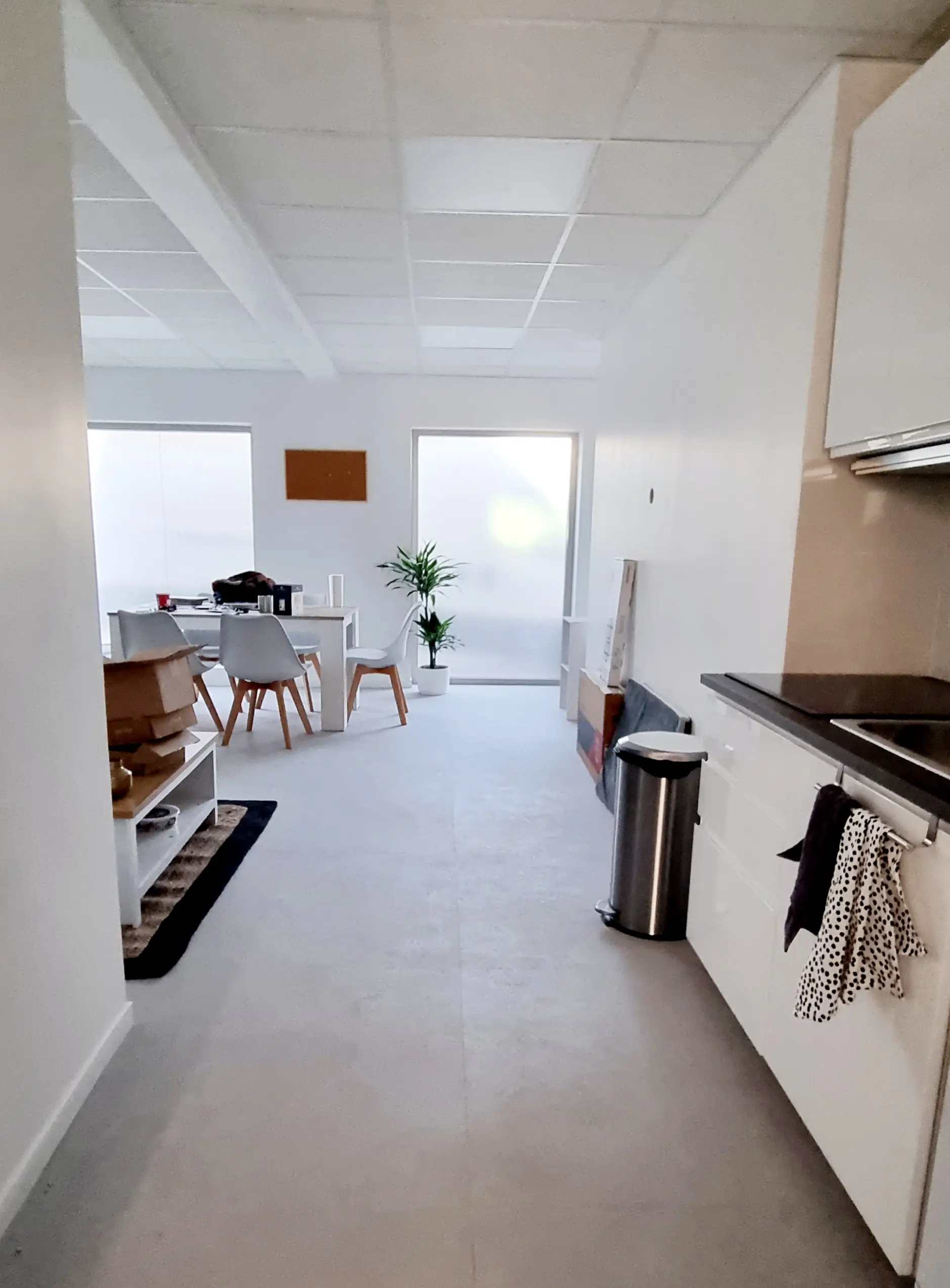 Vue en perspective d'un couloir avec un bloc cuisine à droite et une salle à manger à gauche, finitions claires.