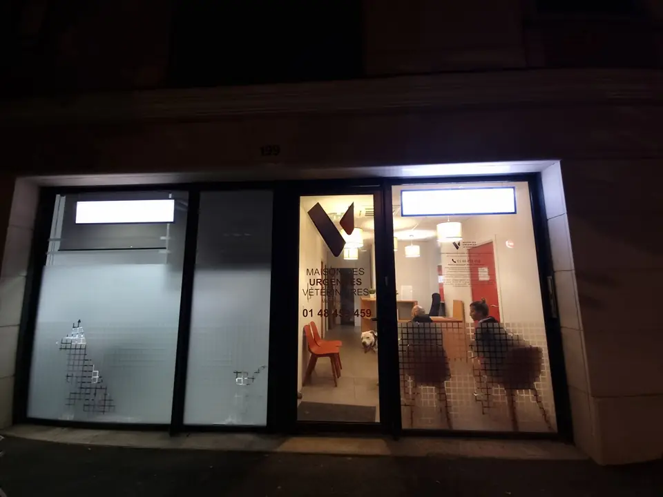 Vitrine éclairée de la clinique à la tombée de la nuit