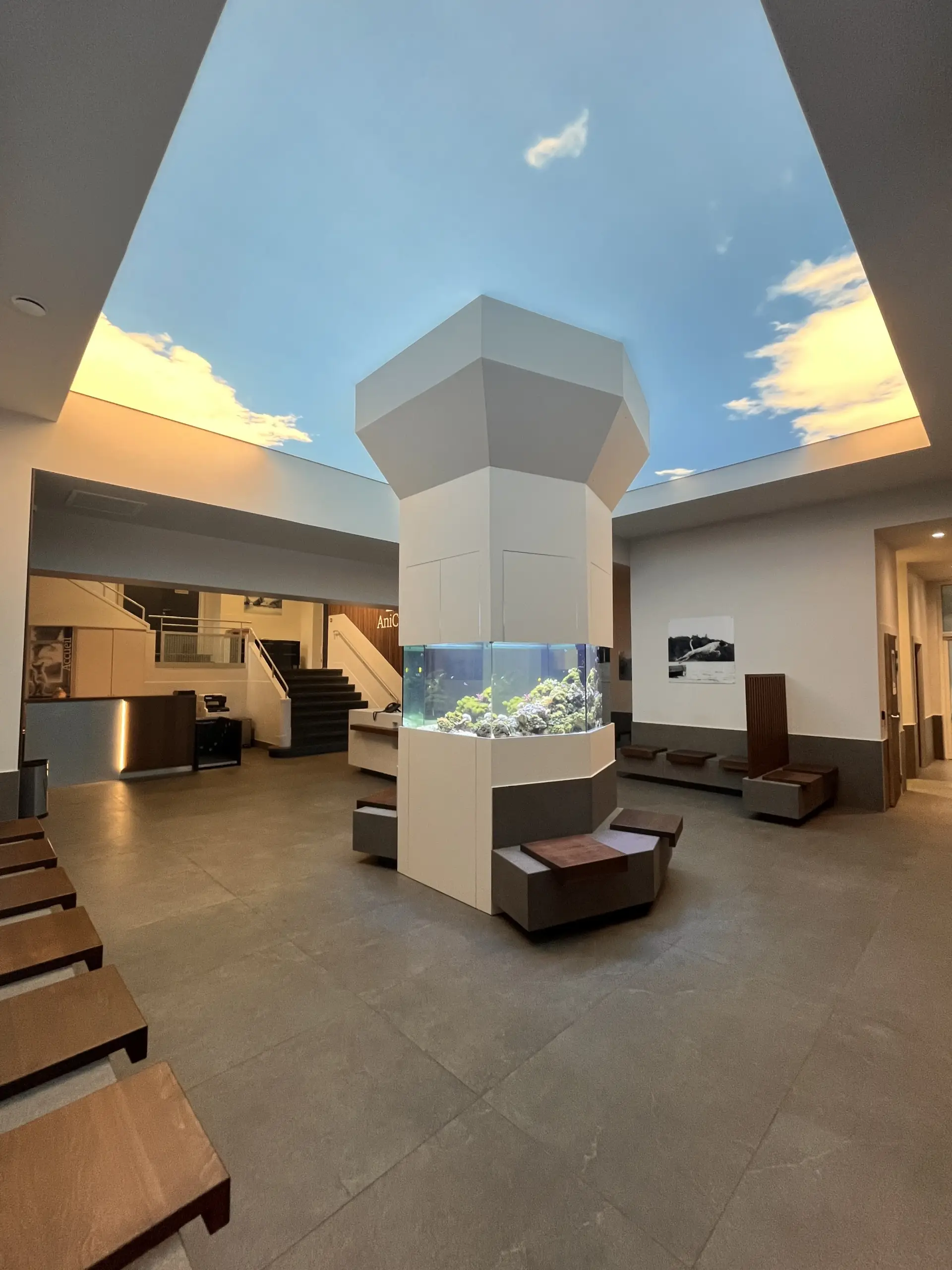 Un hall d'accueil moderne avec un sol en carrelage gris-beige, des sièges en bois et un grand aquarium au centre de la pièce.